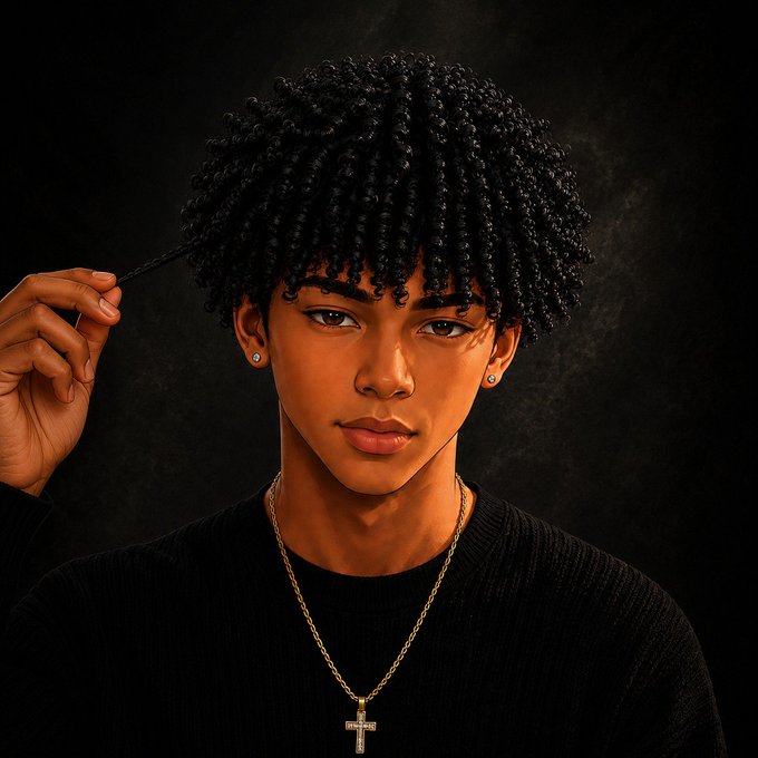 A young man with curly hair, wearing a black sweater and gold cross necklace, pulls at one of his curls while staring confidently at the camera against a dark background—evoking the sleepy-eyed "snoozing" energy referenced in the post about holding $ANSEM.