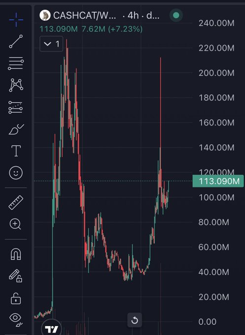 A TradingView candlestick chart of CASHCAT/W (likely BTC pair) on the 4-hour timeframe shows the price at 113.090M, up 7.23% (+7.62M), with a recent sharp rally from lows around 40M toward resistance near 120M, suggesting a potential breakout.