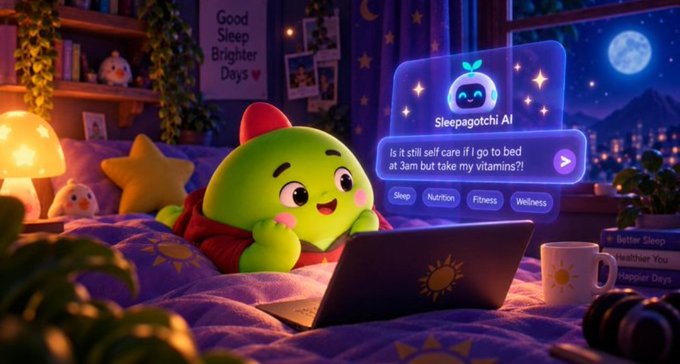 An illustration depicts a cute green slime-like character wearing a red cap and scarf, lying in bed using a laptop and interacting with a 'Sleepagotchi AI' chatbot asking about bedtime.