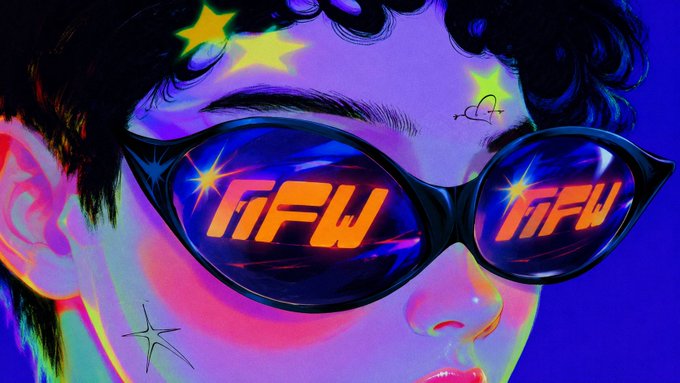 A neon, stylized face wears dark sunglasses reflecting the bright “NFW” logo, with glowing star accents in the background. The vibrant “NFW” branding complements the post’s promotion of the NFT/graded-card platform and its utility-driven collectible marketplace.