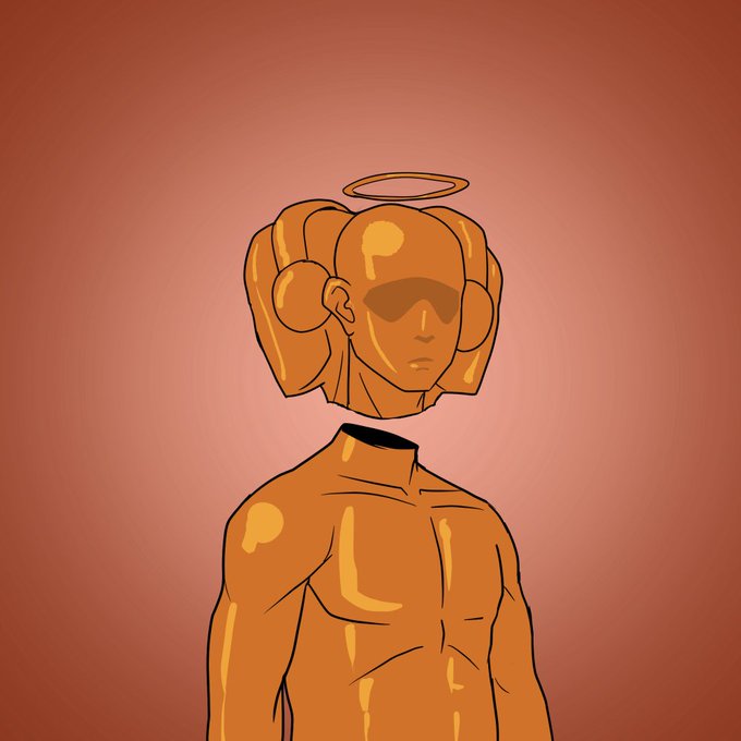 An illustration of a golden, metallic figure with a blank, smooth face, split hair buns, and a halo floating above its head against a reddish-orange background.