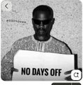 A short video clip showing a young man looking down with a caption overlay reading 'NO DAYS OFF' and a smiling face emoji.