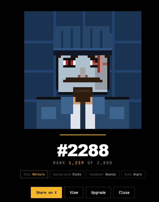 A pixel art character profile showing rank #2288 with the tags "Skin Mercury", "Background Slate", "Headwear Beanie", and "Eyes Angry".