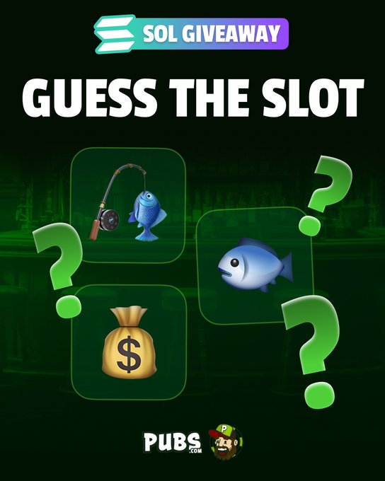 A promotional graphic for a "SOL GIVEAWAY" features the bold text "GUESS THE SLOT" above three emoji squares—a fishing rod with a fish, a blue fish, and a money bag—surrounded by large green question marks, with the "PUBG.com" logo at the bottom, illustrating a daily Solana giveaway challenge where participants guess the slot game from the emoji clues.