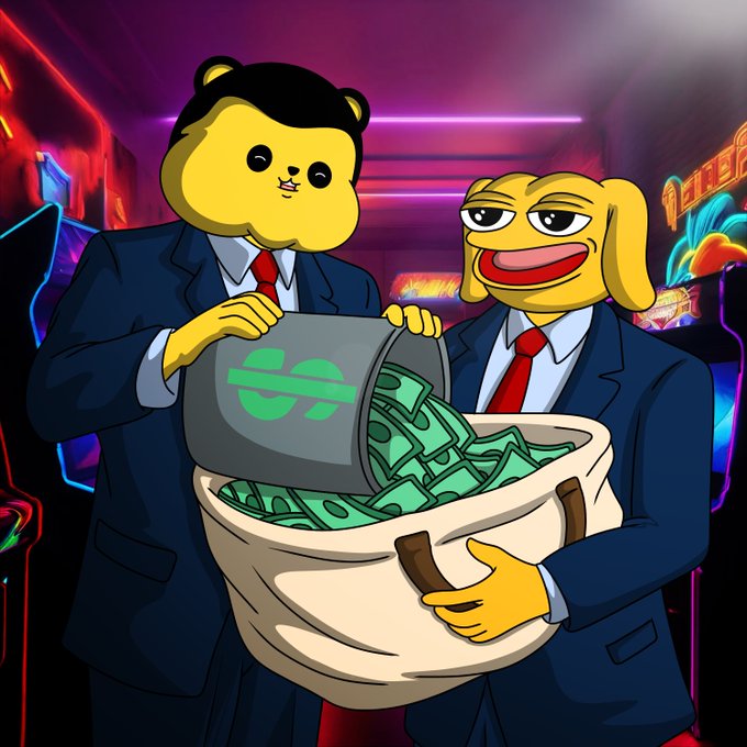 A cartoon illustration of a bear character and a dog character in suits pouring money from a canister into a bag, set against a neon-lit background.