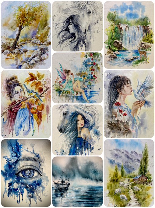 A collection of twelve watercolor paintings featuring various subjects including landscapes, eyes, fairies, and animals.