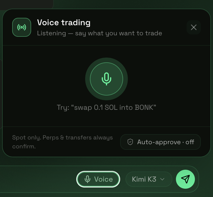 The image shows a "Voice trading" interface with a microphone icon, suggesting a new way to execute trades through voice commands like "swap 0.1 SOL into BONK". This directly relates to the post's idea of enabling voice trading on Jupiter Exchange and Phoenix Trade via Clawpump.