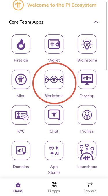 A screenshot of the Pi Ecosystem mobile app showing the 'Core Team Apps' section, with the 'Blockchain' icon circled in red among options like Fireside, Wallet, Brainstorm, Mine, Develop, KYC, Chat, Profiles, Domains, App Studio, and Launchpad.