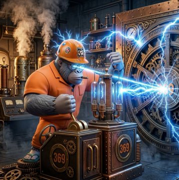 A muscular gorilla in an orange hard hat and shirt operates an electrified steampunk machine, channeling bright blue energy into the "369" emblem, symbolizing the community's combined power driving the $APE token upward.