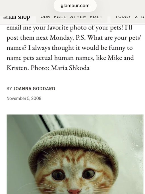 The image is a glamour.com article screenshot by Joanna Goddard (November 5, 2008) asking readers to email pet photos, featuring a photo by Maria Shkoda of an orange tabby cat wearing a knitted cap. The 2008 date and original cat photo align with the claim that the image is the original $CWIF meme.