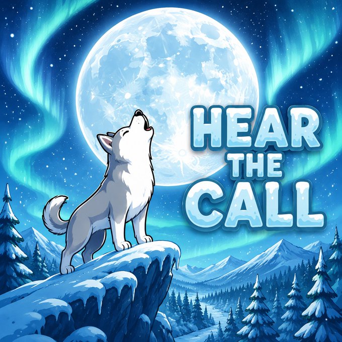 A stylized digital illustration featuring a white wolf howling at a large full moon, set against a backdrop of aurora borealis and snow-capped mountains. The text 'HEAR THE CALL' appears in large, icy blue block letters on the right side.