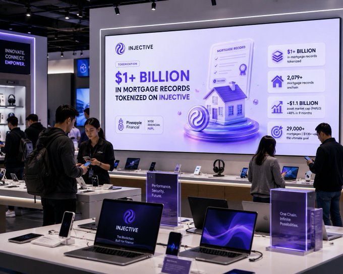 A technology trade show booth displays a large screen promoting Injective, highlighting '$1+ BILLION IN MORTGAGE RECORDS TOKENIZED ON INJECTIVE' alongside a 3D house illustration and statistics like '2,079+ mortgage records onchain.' Attendees examine laptops and devices on the display tables below.