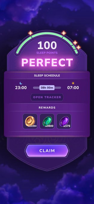 A purple-themed mobile game sleep tracking screen displaying '100 SLEEP POINTS PERFECT', a sleep schedule from 23:00 to 07:00, in-game gem rewards, and a 'CLAIM' button.