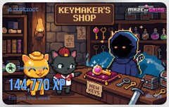 A pixel-art style video game screenshot labeled 'KEYMAKER'S SHOP' showing a cat and a shadowy hooded figure at a counter, with '144/770 XP' displayed.