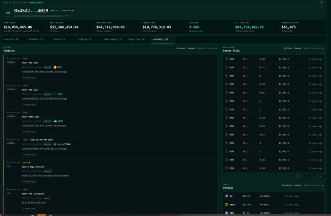 A dark-themed wallet interface for address 0x45d2...6029 showing balances in BTC, ETH, and USD, along with activity timelines and recent fills.