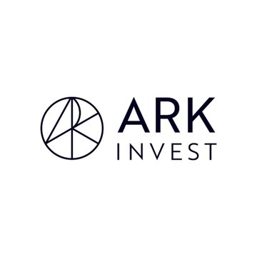 The image displays the ARK Invest logo, featuring a circular geometric emblem next to the text "ARK INVEST." This relates to the post about Cathie Wood's ARK Invest purchasing nearly $10M in Coinbase and Circle stock to buy the dip following COIN's Q2 earnings slump.