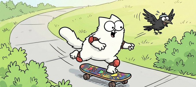 A cheerful white cartoon cat rides a colorful skateboard down a winding path through a grassy field, while a startled black bird flaps away in surprise. The playful scene perfectly matches the caption's lighthearted "Having fun as always :)" vibe, capturing a moment of carefree joy and spontaneous amusement.