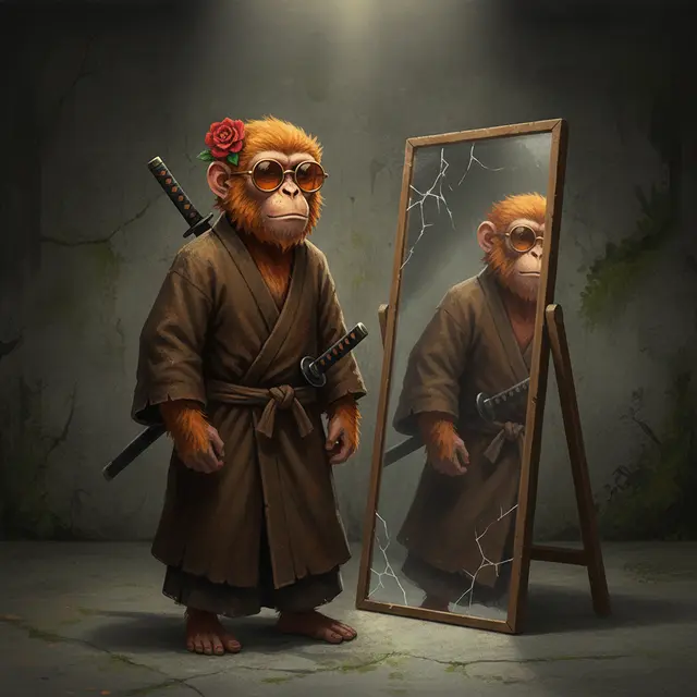 A digital illustration of a monkey dressed as a samurai with sunglasses and a rose, standing next to a cracked mirror that reflects its image.