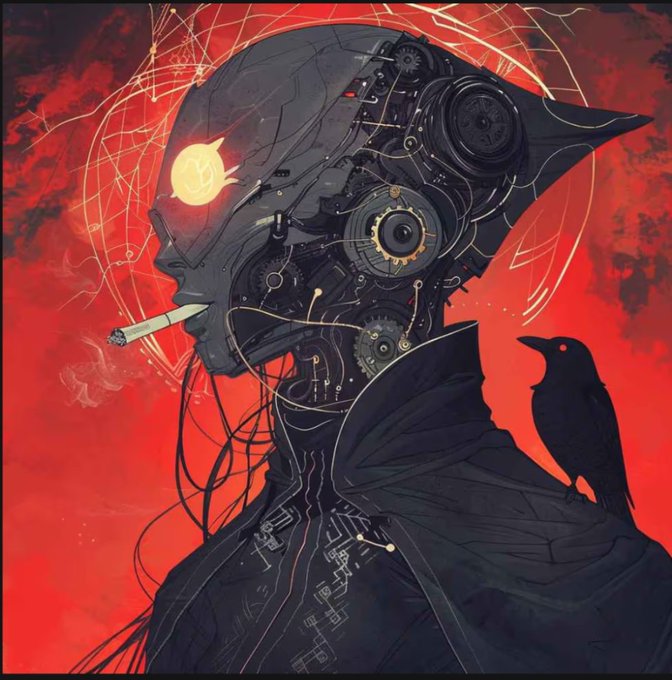 A dark cyberpunk-style illustration of a robotic profile with exposed gears and wires, smoking a cigarette against a vivid red background with a black crow perched nearby.