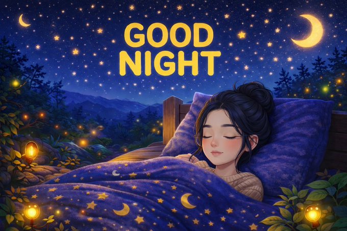 An illustrated 'GOOD NIGHT' graphic depicting a peaceful woman sleeping under a starry, moonlit sky with glowing lanterns and forest scenery.