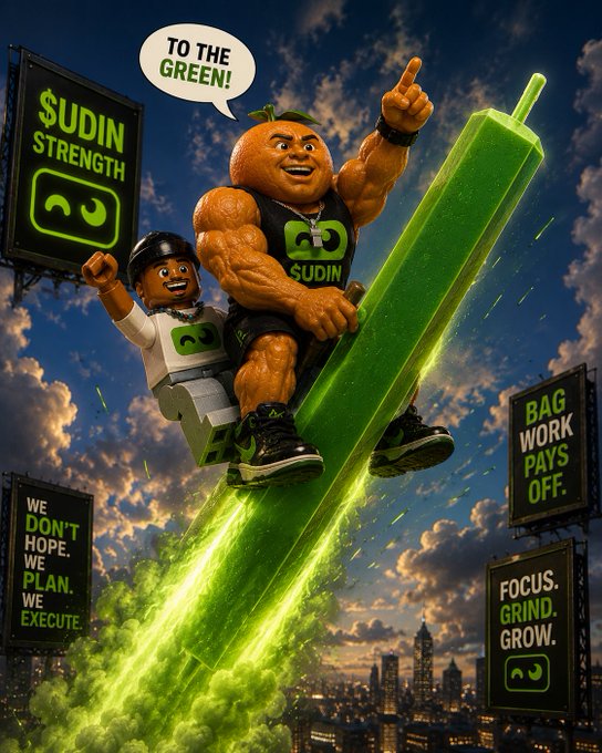 An AI-generated illustration shows a muscular orange character with a smaller companion riding a giant green popsicle like a rocket, with billboards reading '$UDIN STRENGTH', 'TO THE GREEN!', 'WE DON'T HOPE. WE PLAN. WE EXECUTE.', 'BAG WORK PAYS OFF.', and 'FOCUS. GRIND. GROW.'
