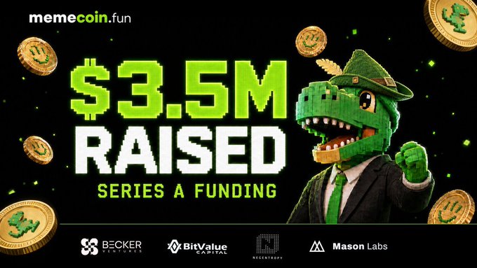 Promotional graphic for memecoin.fun announcing '$3.5M RAISED' in Series A funding, featuring a green dinosaur mascot in a suit alongside logos for Becker Ventures, BitValue Capital, Bigendcrypt, and Mason Labs.