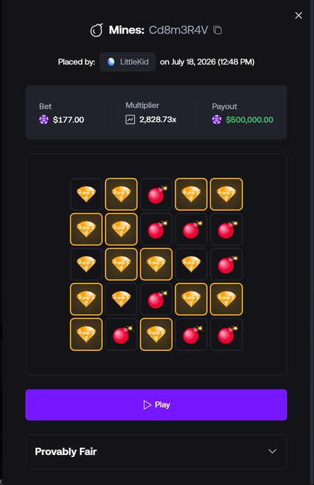A Mines gambling game screen showing a bet of $177.00 with a 2,828.73x multiplier and $500,000.00 payout, placed by Littlekid on July 18, 2026, revealing diamonds and bombs on the 5x5 grid.