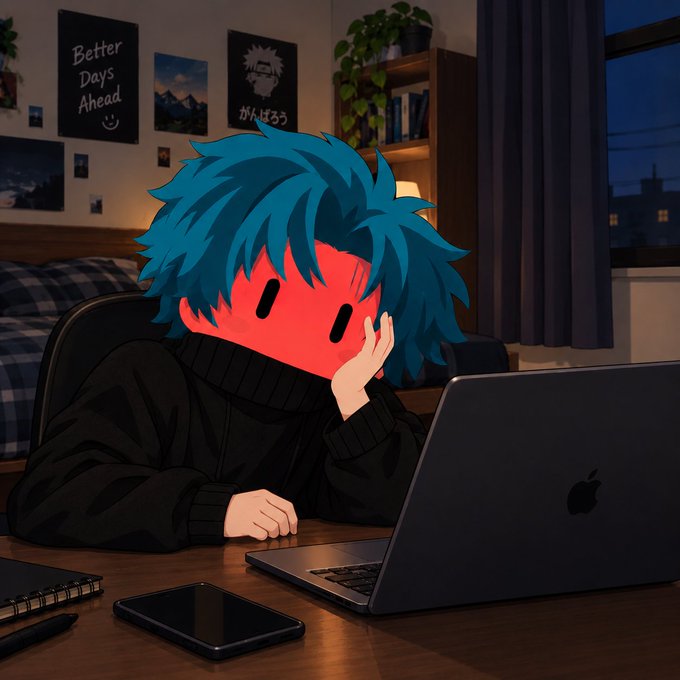 An anime-style illustration depicts a character with a red face and messy blue hair, wearing a black sweater, sitting at a desk and looking at a laptop in a dimly lit room.