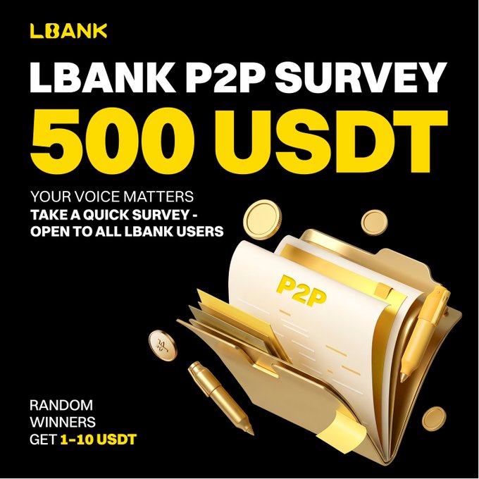 A black promotional graphic for the LBank P2P Survey announces a 500 USDT prize pool, with text reading "YOUR VOICE MATTERS, TAKE A QUICK SURVEY - OPEN TO ALL LBANK USERS" and "RANDOM WINNERS GET 1-10 USDT," alongside a 3D illustration of a gold folder labeled "P2P" surrounded by coins and a pen. The image ties to the post celebrating the survey's conclusion and revealing the 500 USDT prize winners whose rewards have been credited to their LBank accounts.