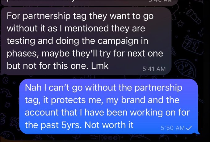 The image shows a text conversation where someone refuses a collaboration without the paid partnership tag, citing brand protection concerns. This directly addresses the caption's question—highlighting that for creators like this one, the disclosure tag is essential for safeguarding their brand and account reputation built over time.