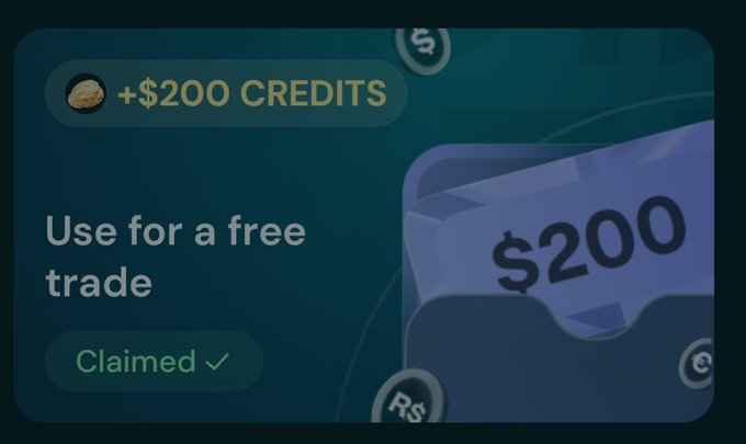 A promotional graphic showing "$200 CREDITS" for a "free trade" with a "Claimed ✓" status, relating to the user's experience of earning $200 in free credit on the @Markets_xyz platform by Kinetiq through reaching XP milestones.