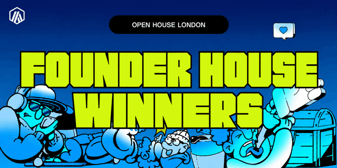 A graphic announcing 'FOUNDER HOUSE WINNERS' for an 'OPEN HOUSE LONDON' event, featuring cartoon-style blue illustrations of various characters and characters.