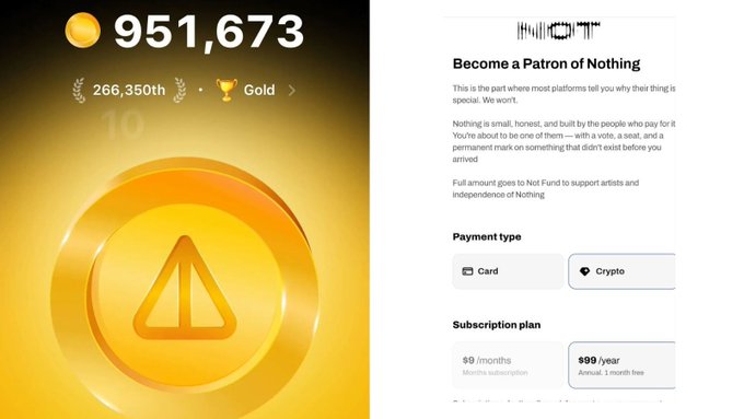 A screenshot showing a Notcoin reward page with 951,673 coins earned (266,350th place, Gold tier) alongside a "Become a Patron of Nothing" donation page offering subscription plans at $0/month or $99/year, illustrating the meme's point about Notcoin's decline from a $2B market cap to soliciting donations.