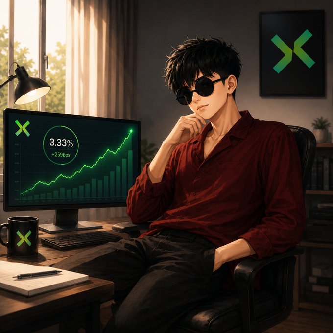An anime-style illustration of a young man wearing sunglasses and a dark red shirt sitting at a desk, with a monitor displaying "X" logo, "3.33%", "+259bps" and an upward green chart, plus a mug with the "X" logo and matching wall art.