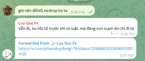 A Telegram chat screenshot in Vietnamese shows messages about an 'ANG Airdrop' from Luu Duc Fx with warnings about a potential scam.