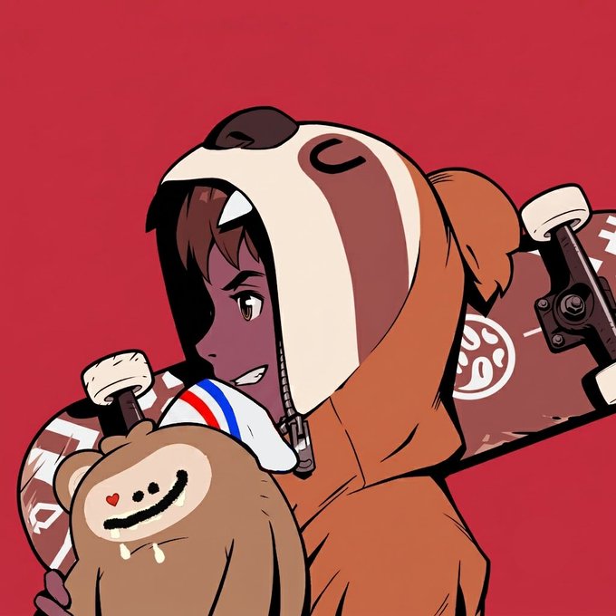 An anime-style illustration of a character in a brown dog hooded onesie carrying a skateboard with a brown plush bear sticker against a red background.