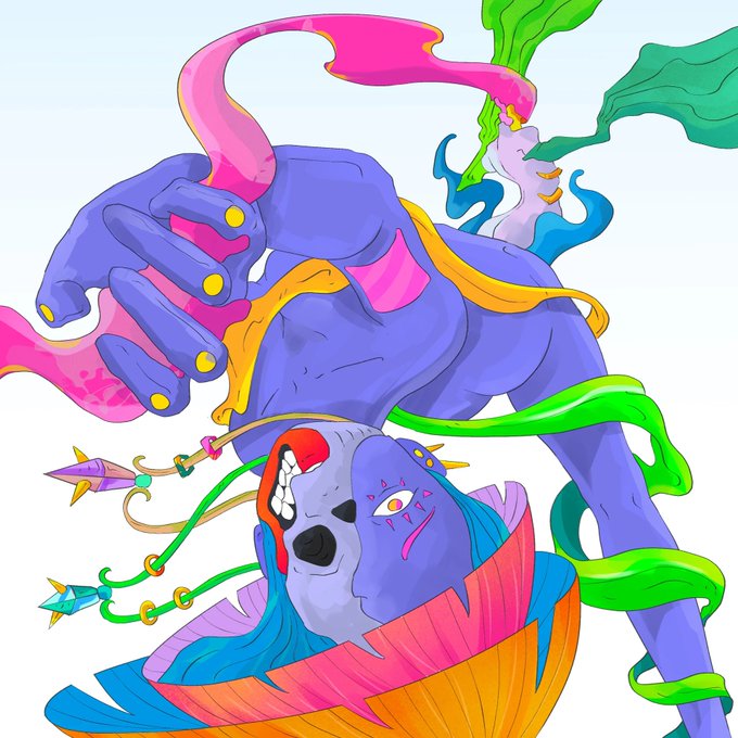 A colorful digital illustration of a blue beast-like character surrounded by flowing pink, green, and blue ribbons.