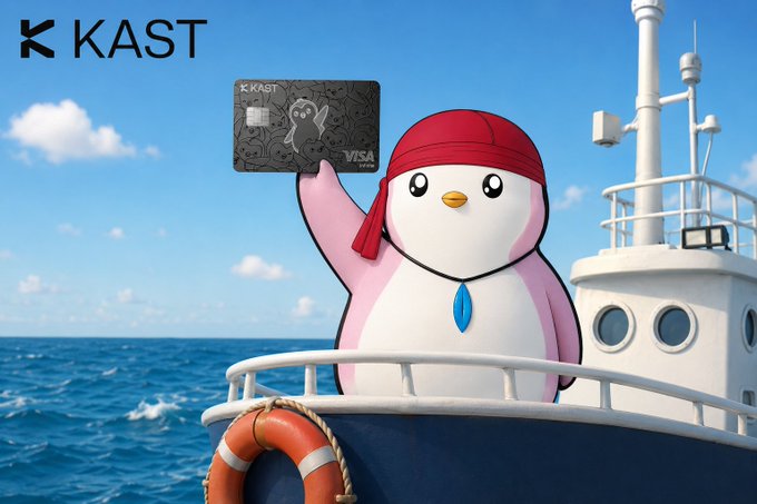 The image features a cartoon penguin holding a credit card over its head while sitting on top of a boat. The penguin appears to be wearing a red bandana around its neck, adding a playful touch to the scene. The background shows an ocean with waves and clouds, creating a serene atmosphere for the image.

The post about Kast Card suggests that the penguin is holding onto a credit card, which could potentially be used for online purchases or other financial transactions. This highlights how digital payment methods are becoming more integrated into our daily lives, making it easier to manage and track our finances without the need for carrying cash or using traditional banking services.