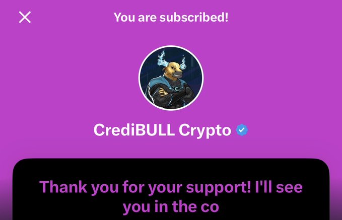 A subscription confirmation screen for "CrediBULL Crypto" with a bull mascot logo and a thank-you message, "Thank you for support! I'll see you in the co..."
