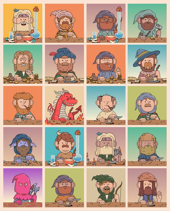 A 4x4 grid of cartoon NFT characters from 'The World of Quants' project, featuring various dwarves, humans, a red dragon, and a pink monster in different outfits and color backgrounds.