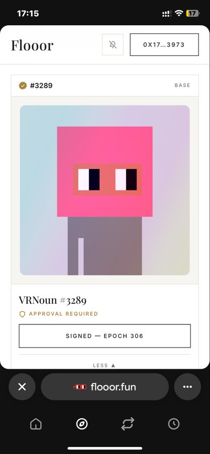 A screenshot of the Flooor NFT marketplace displaying a pixelated pink and gray character NFT identified as "VRNoun #3289," which is signed but marked as "Approval Required." The image relates to the post by showcasing a specific NFT asset, likely referenced as part of the collector's expertise or recommendation.