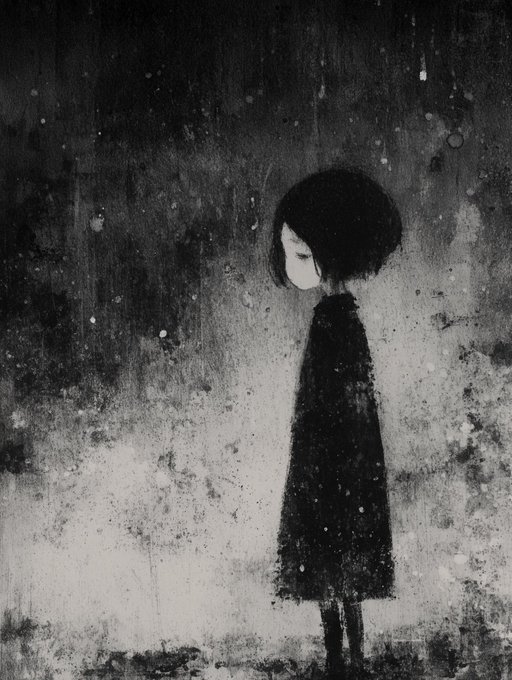 A moody black and white ink illustration of a small figure in a long dark coat standing in a rainy, atmospheric environment.
