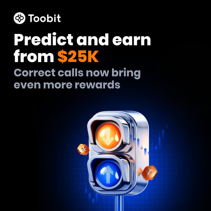 A promotional advertisement for Toobit featuring the text 'Predict and earn from $25K. Correct calls now bring even more rewards' alongside a 3D illustration of a traffic light with up and down arrows.