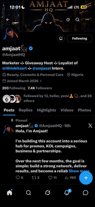 A mobile screenshot of an X (Twitter) profile for 'amjaat (@AmjaatHQ)' describing themselves as a 'Marketer | Giveaway Host | Loyalist' based in Nigeria, with a pinned post about building the account into a hub for promotions and partnerships.