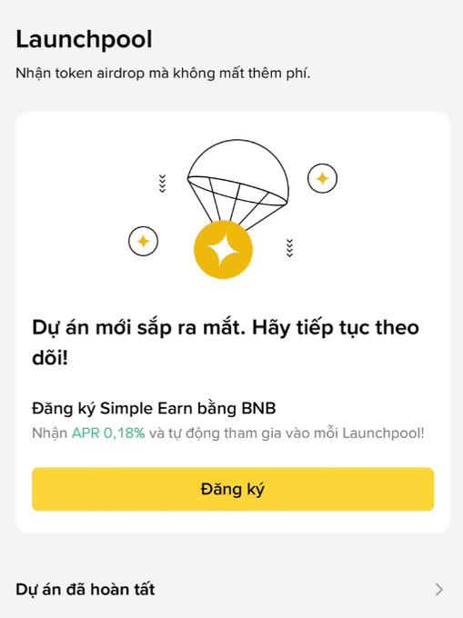A Binance Launchpool promotional screen in Vietnamese announcing upcoming token airdrops, featuring an illustration of a coin descending by parachute.