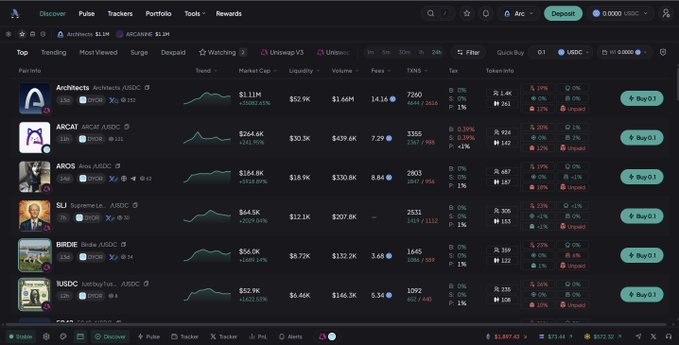 The image shows a cryptocurrency tracking dashboard on basedbot.app displaying Arc ecosystem tokens, including ARCH (ArchNexus), ARCAT, AROS, SLI, BIRDIE, and SUSDC, with metrics like market cap (ranging from $52.9K to $1.11M), liquidity, volume, and 24-hour price changes. Each token features a "Buy 0.1" button on the right side of the dark-themed interface, illustrating the real-time Arc token tracking functionality mentioned in the guide.