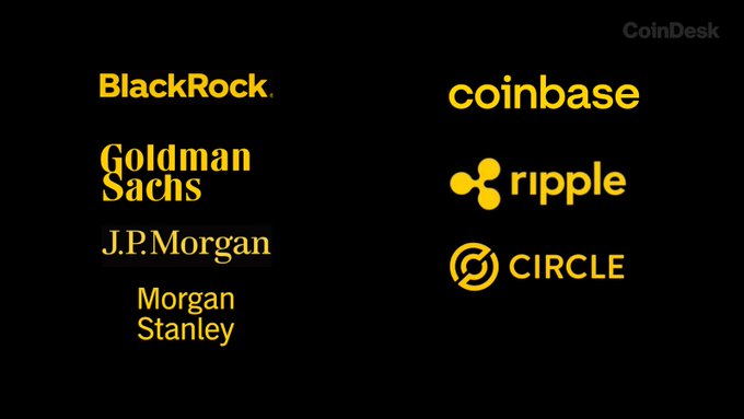 This image displays the logos of major financial institutions including BlackRock, Goldman Sachs, J.P. Morgan, and Morgan Stanley, alongside crypto firms like Coinbase, Ripple, and Circle, which are all participating in the UK government's tokenization taskforce.