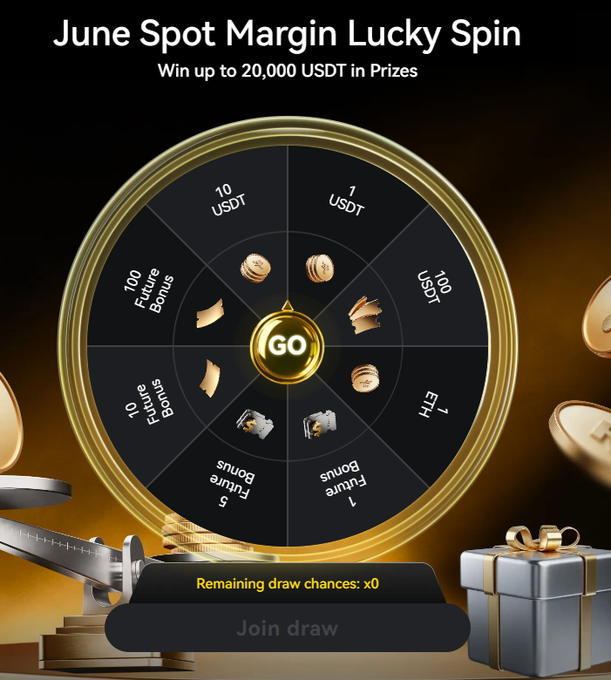 The image features a black and gold spinning wheel with various symbols and numbers on it. The text "June Spot Margin Lucky Spin" is displayed above the wheel, indicating that there's an ongoing event or promotion related to this spinning wheel game. The wheel has been used in previous events, and the post suggests that players can still participate by joining draw.