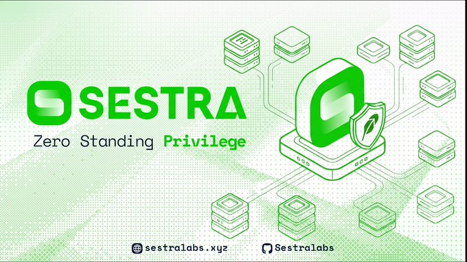 A promotional graphic for 'SESTRA - Zero Standing Privilege' with a green shield icon and server illustrations, including the handles 'sestralabs.xyz' and 'SestraLabs'.