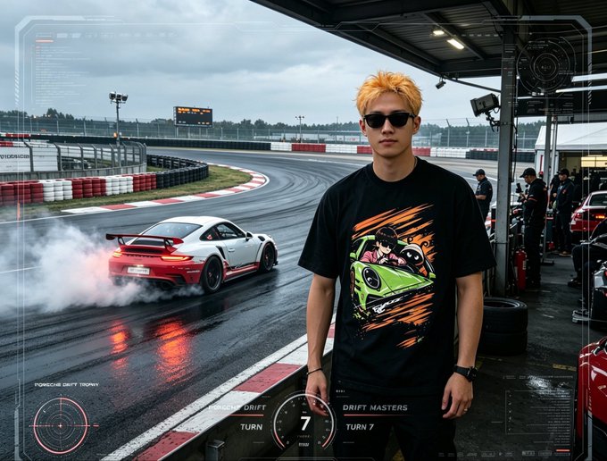 A young man with blonde hair and sunglasses stands in front of a race track where a red and white car is drifting, with a HUD overlay displaying 'DRIFT MASTERS TURN 7'.